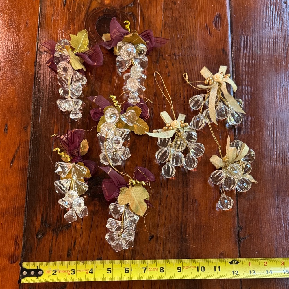 Crystal and Gold Grape Cluster Ornaments - 8 pieces